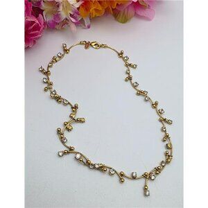 Monet Gold Tone Curved Bar & Rhinestone Ball Necklace 16" Lobster Clasp Signed